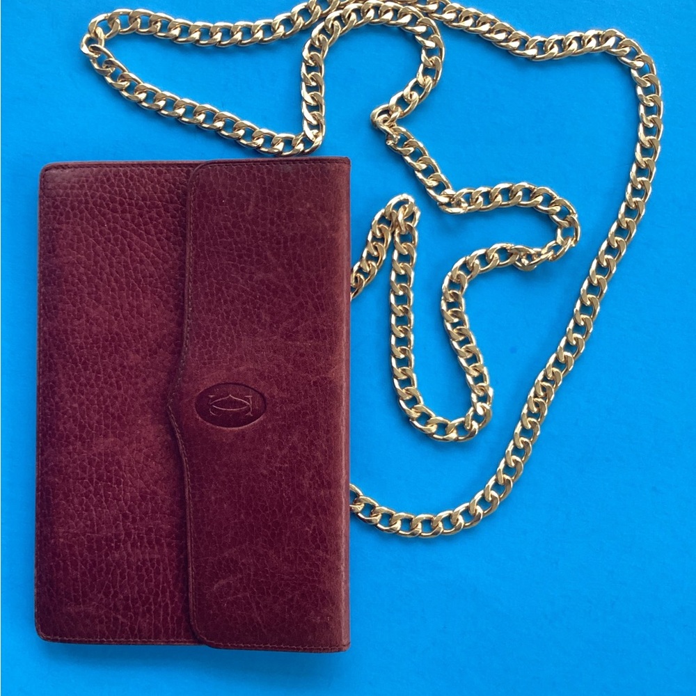 Vintage Cartier Bordeaux Red Leather Mini Clutch Purse/Wallet & Crossbody Chain